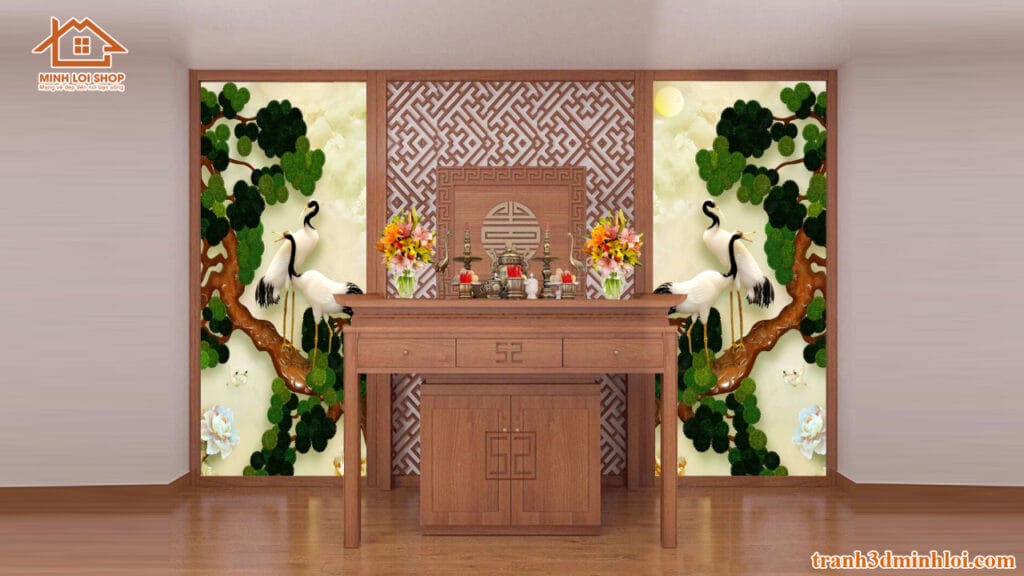 tranh chim hạc 3d ốp tường phòng thờ