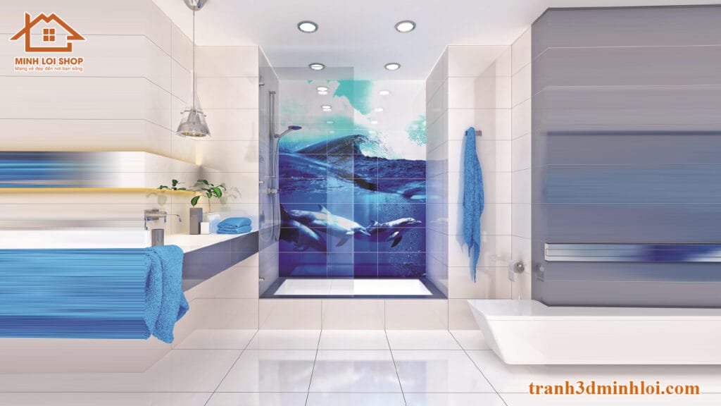 Tranh cá voi gạch 3d ốp tường phòng tắm