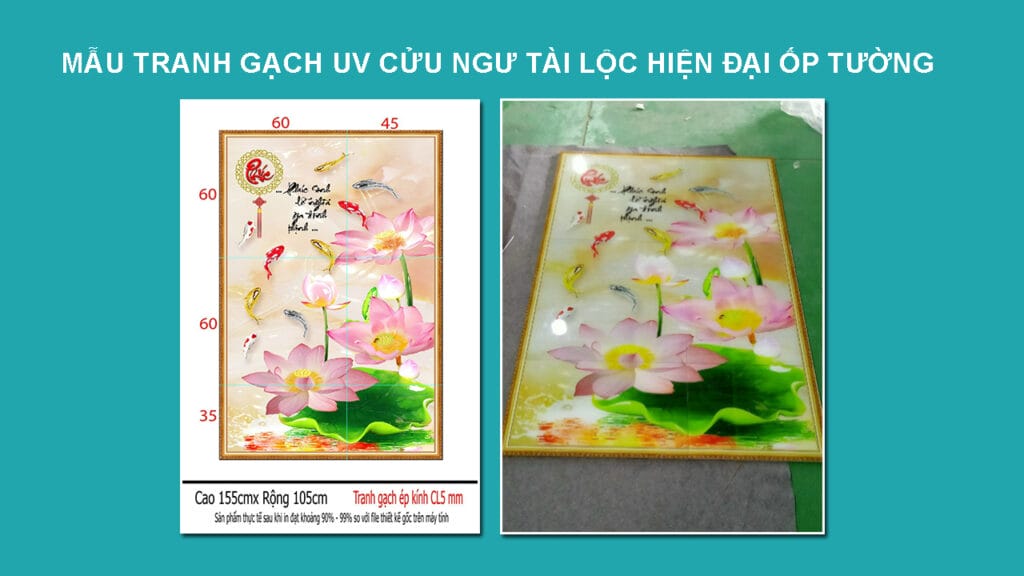 Giá tranh gạch 3D ốp tường phòng khách Cửu ngư tài lộc