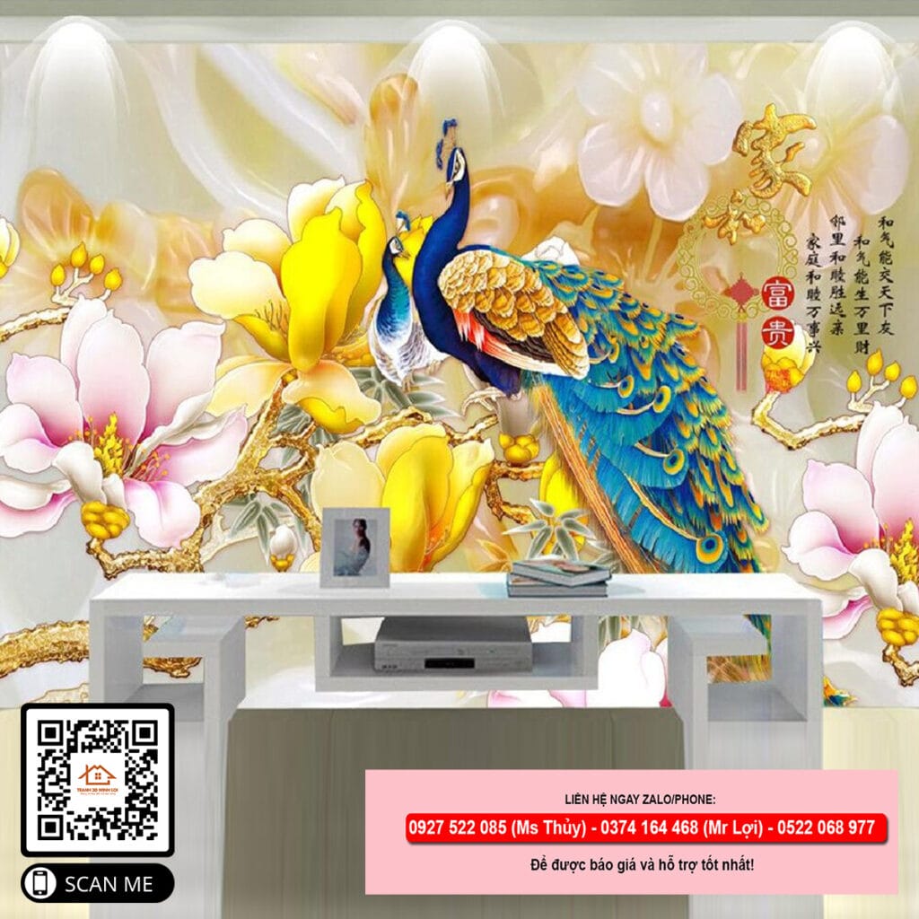 Tranh hoa mẫu đơn chim công hiện đại